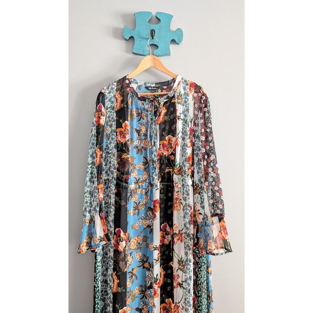 Ulla Popken Semi‑Sheer Patchwork Floral Maxi Dress 16/18 Boho Tie‑Neck